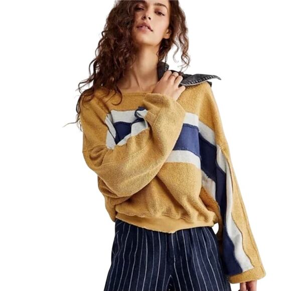 Free People We The Free Brown Striped Palo Alto Pullover Cropped Sweatshirt XS - Picture 2 of 8